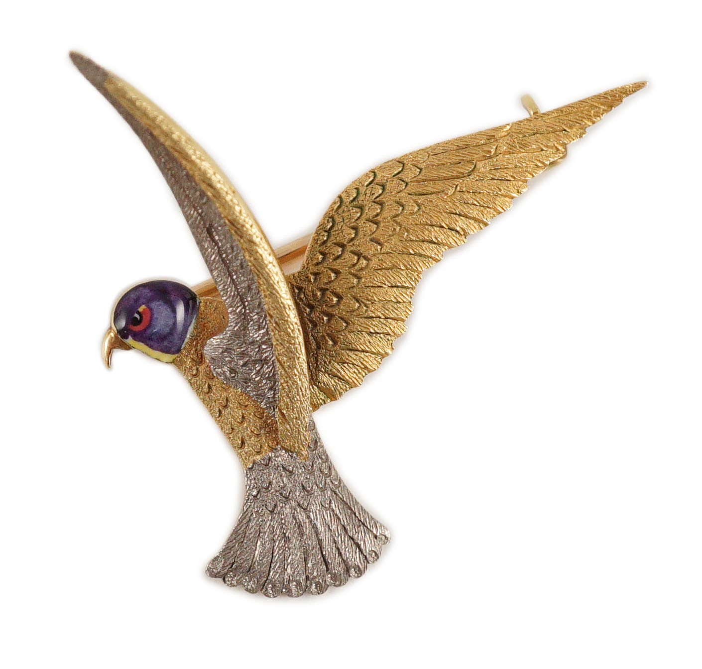 An early 20th century two colour 18ct gold, 15ct gold and enamel set brooch, modelled as a bird of prey